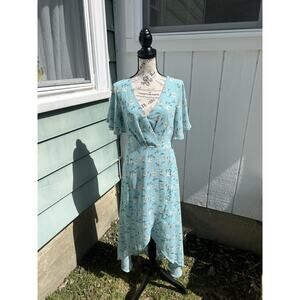 Azalosie light blue floral V-neck Flowey short sleeve fit and flare dress